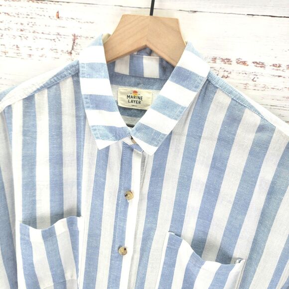 Marine Layer Womens S Linen Cabana Stripe Simone Button Front Dress Blue/White - Picture 2 of 9